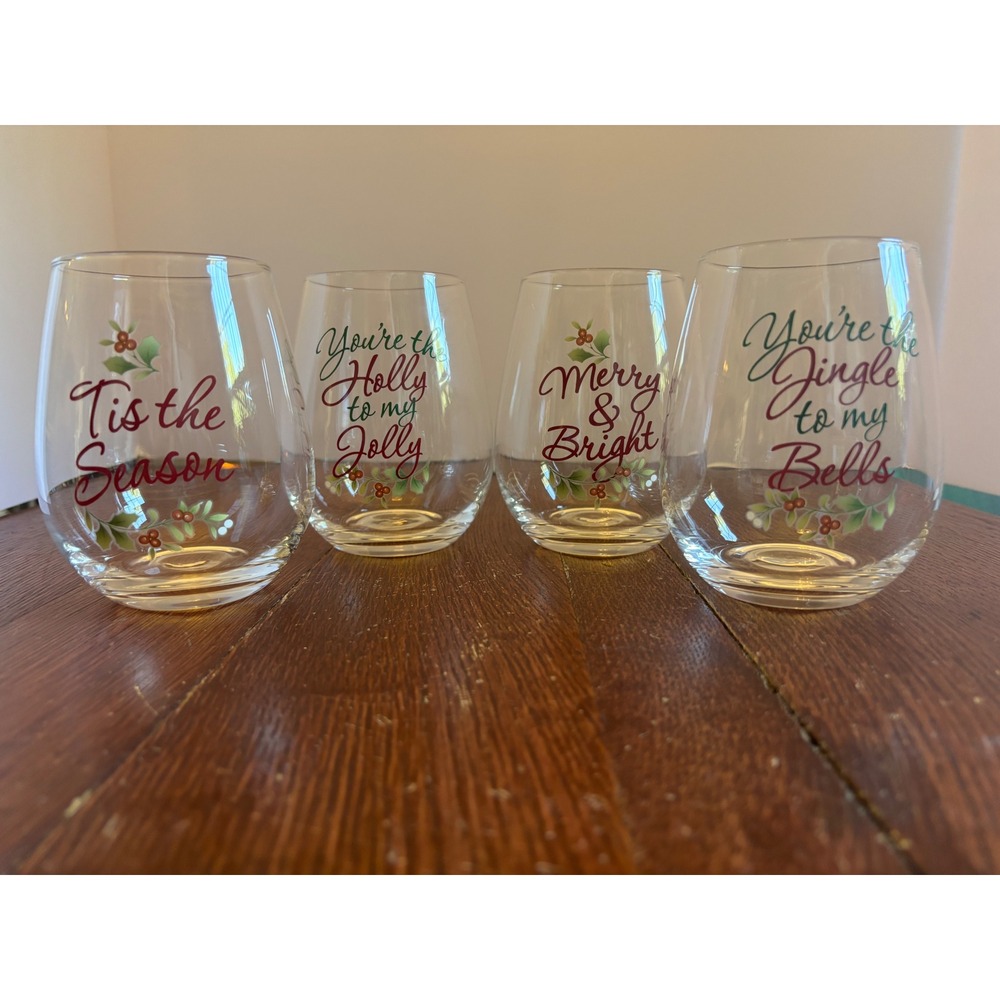 Pfaltzgraff Winterberry Holiday Stemless Wine Glass Set of 4 Christmas Holly